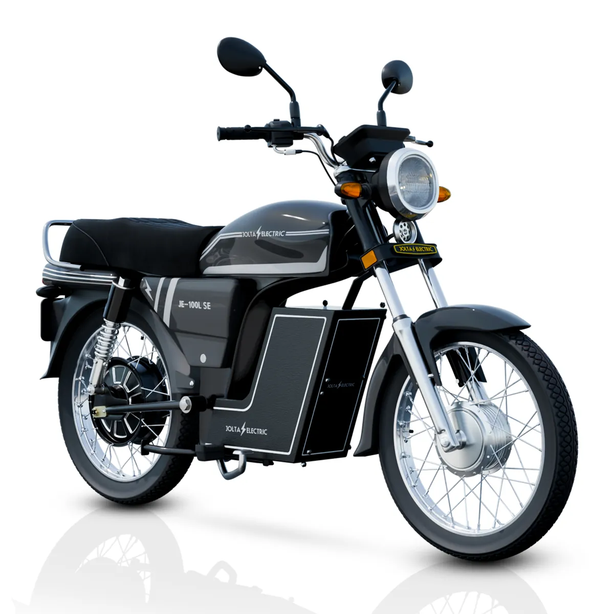 JE-100L SE Apex electric motorcycle, three-quarter, spoke wheels