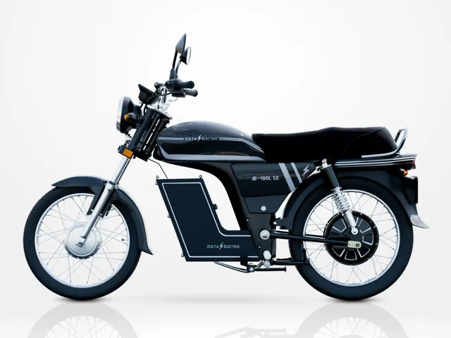 JE-100L SE Apex electric motorcycle, black, spoke wheels, side view