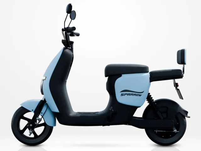 Sparrow electric scooty, light blue, side view