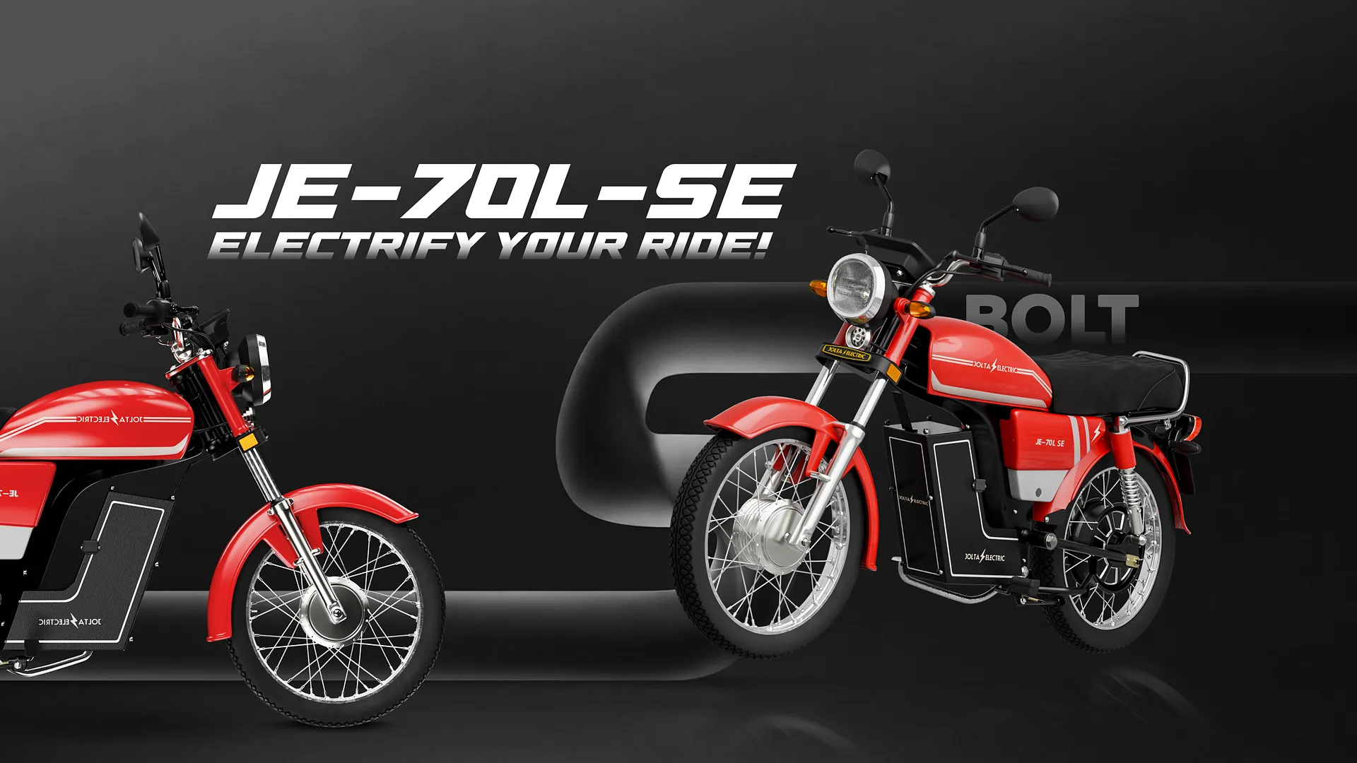 Two red Jolta JE-70L SE electric motorcycles. Electrify your ride.