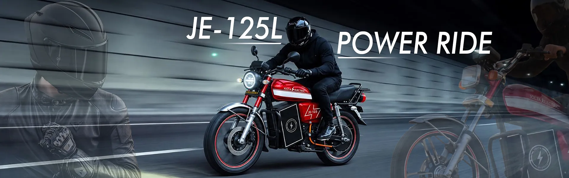 A rider on a red Jolta JE-125L electric motorcycle in a tunnel. Power ride.