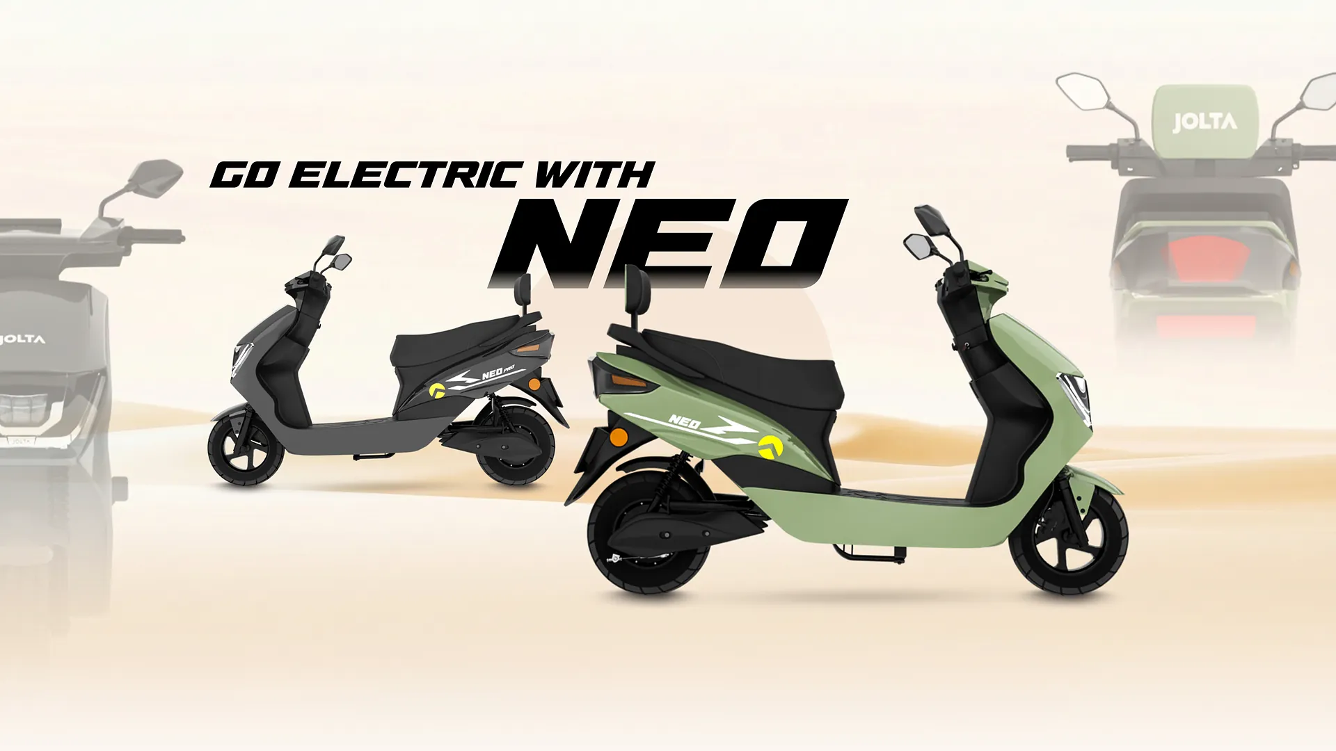 Jolta Neo electric scooties in grey and green. Go electric with Neo.