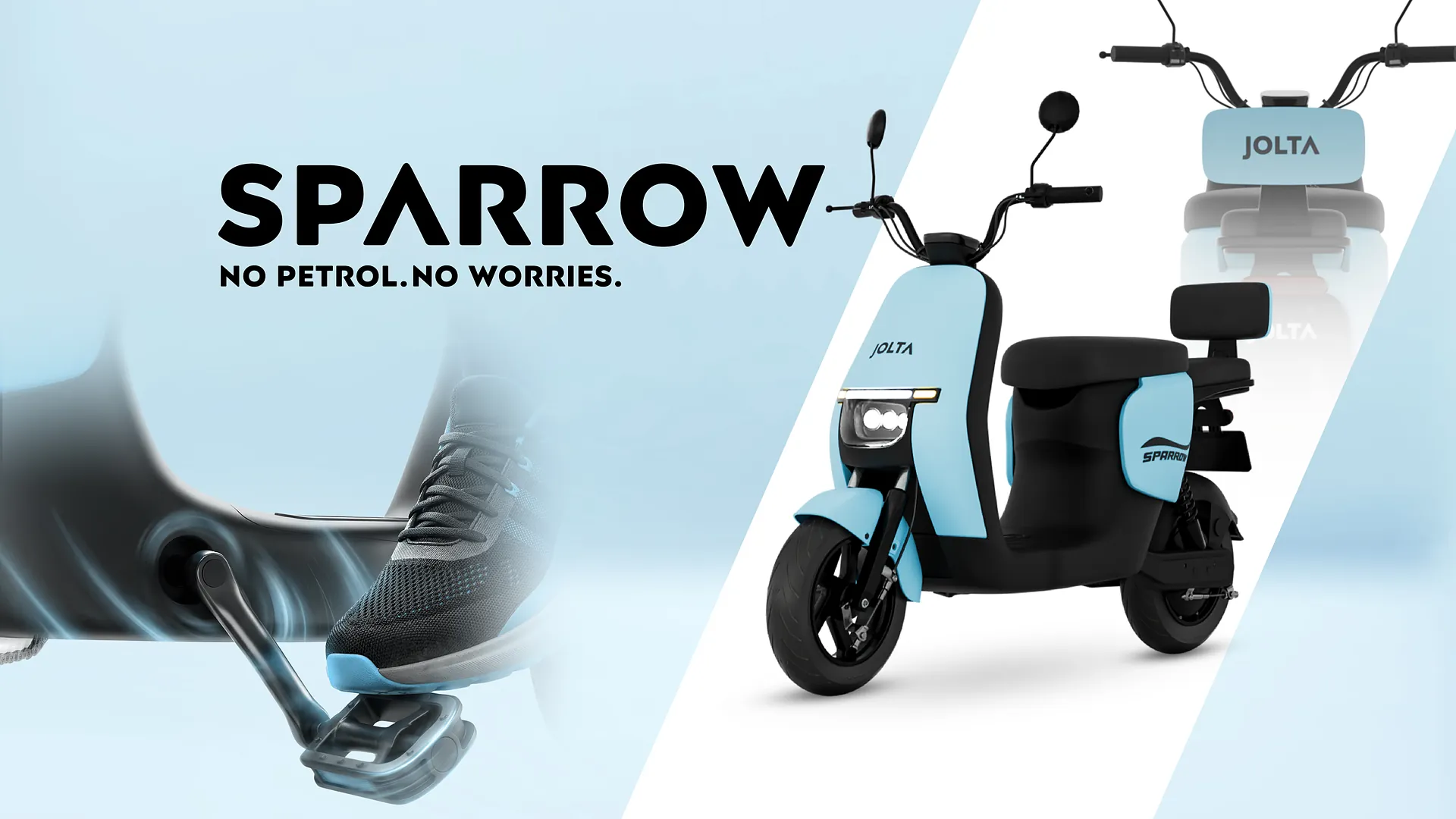 Jolta Sparrow electric scooty in light blue. No petrol, no worries.