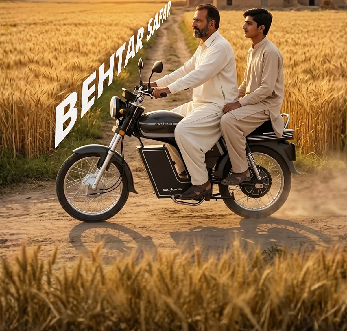 Two men ride a Jolta electric motorcycle along a wheat field at sunset