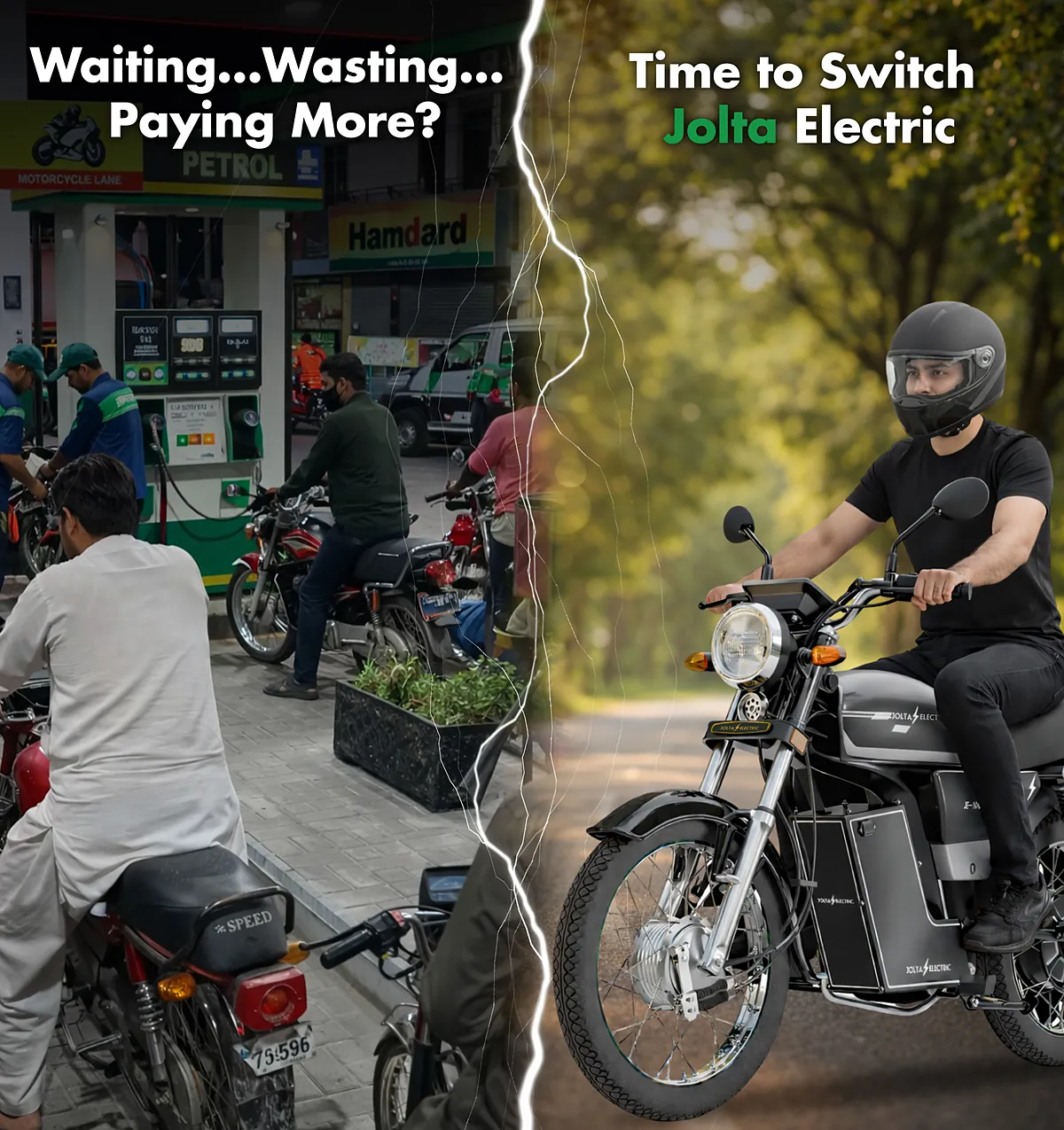 Waiting at the petrol pump, or switching to a Jolta electric motorcycle: Jolta's own post