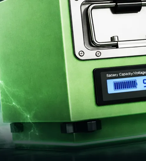 The JE-100L Thunder's lithium iron battery with its charge display