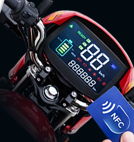 The JE-100L Thunder's digital speedometer, with an NFC card held to it
