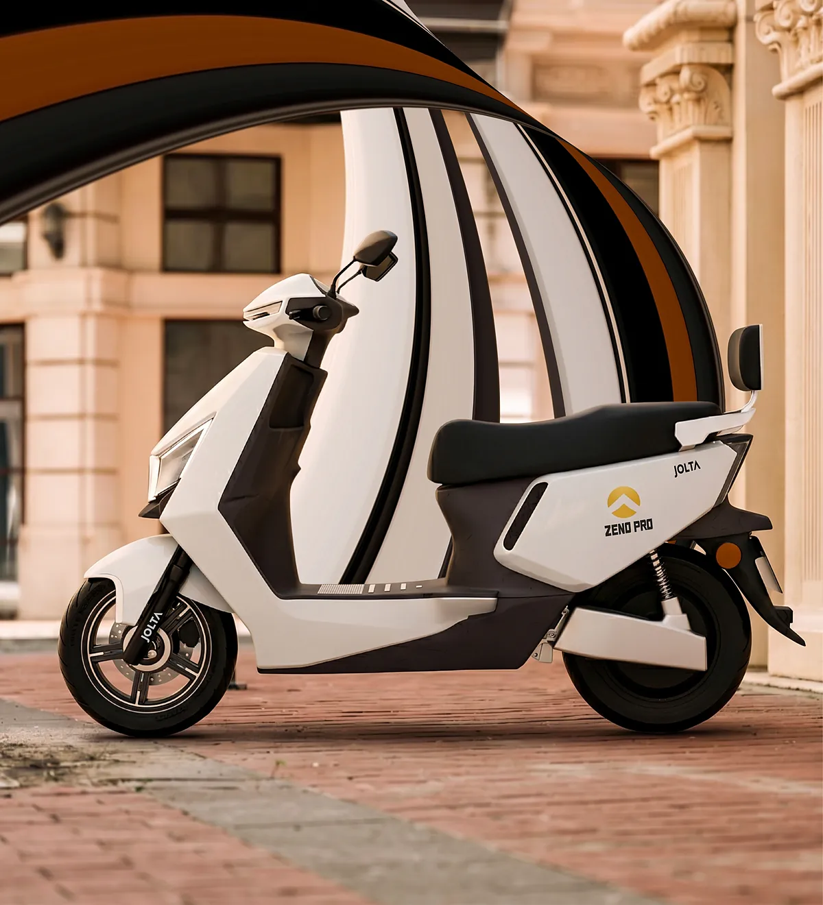 A white Jolta Zeno Pro electric scooty parked under a stone archway