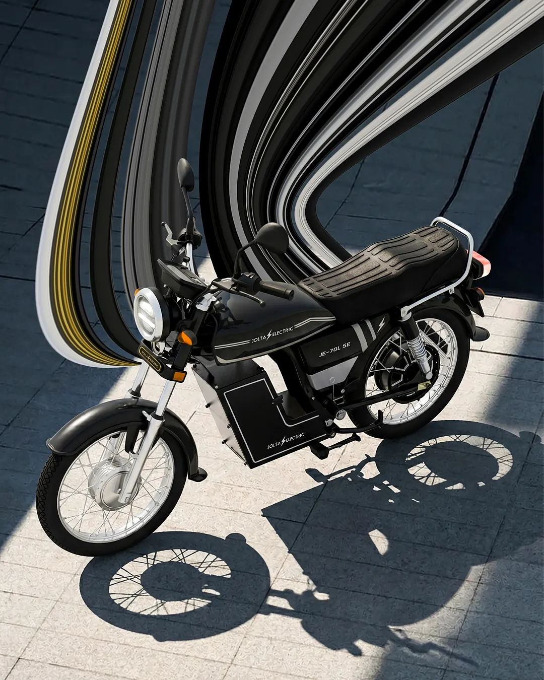 Jolta JE-70L SE Bolt electric motorcycle in black, casting a long shadow on stone paving