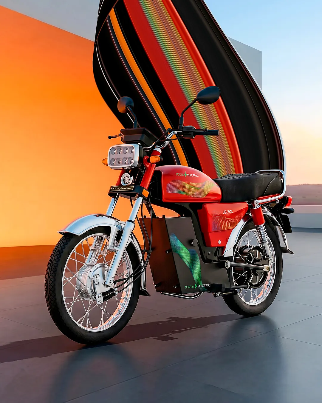Jolta JE-70L Fury electric motorcycle in red against an orange sunset wall