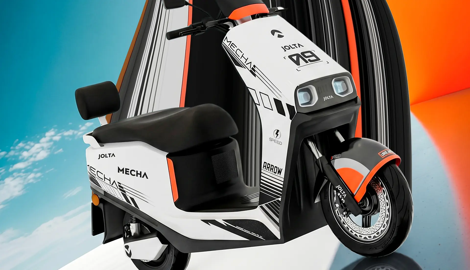 Jolta Mecha electric scooty in white and orange under a sweeping striped arch