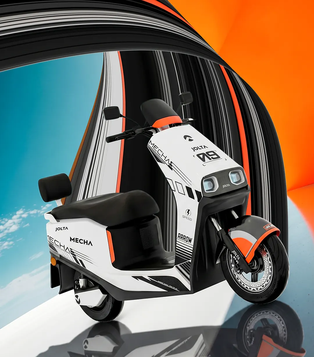 Jolta Mecha electric scooty in white and orange under a sweeping striped arch