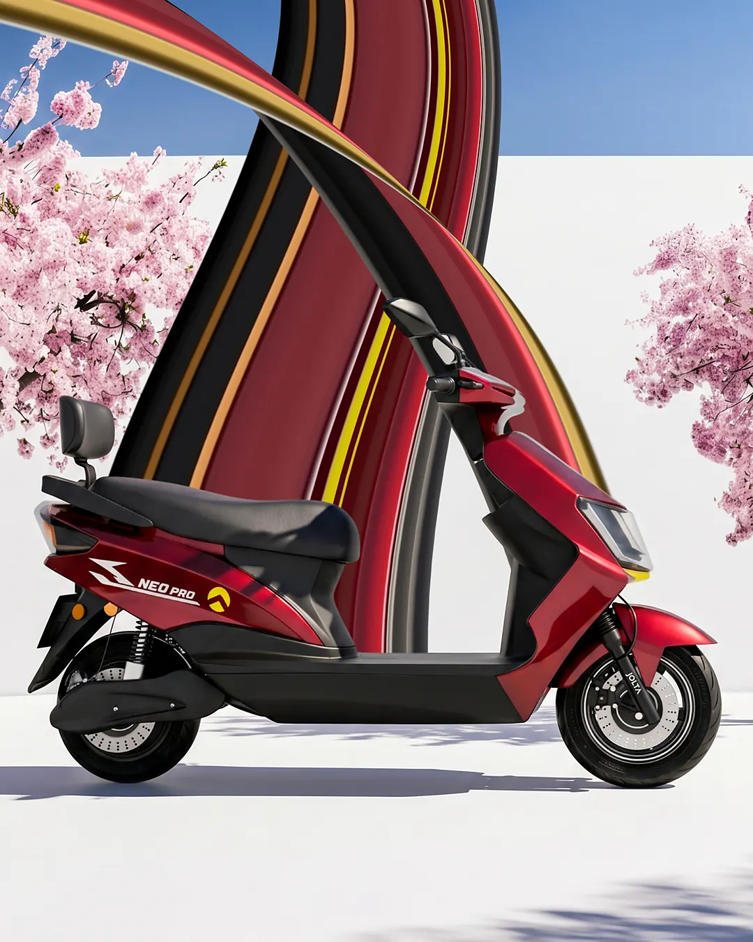 Jolta Neo Pro electric scooty in red, in front of a sweeping striped arch and cherry blossoms