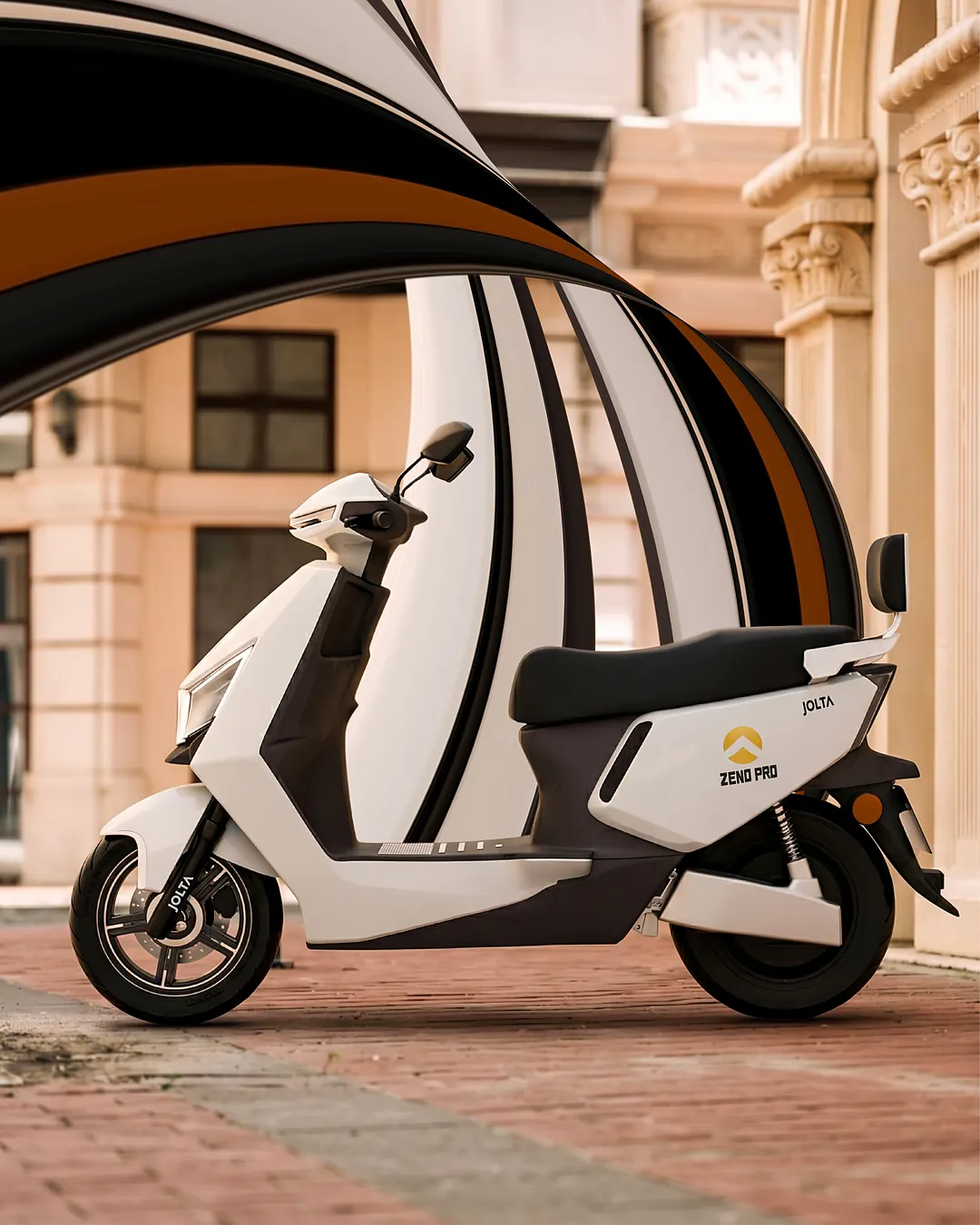 Jolta Zeno Pro electric scooty in white on a brick street, under a sweeping striped arch