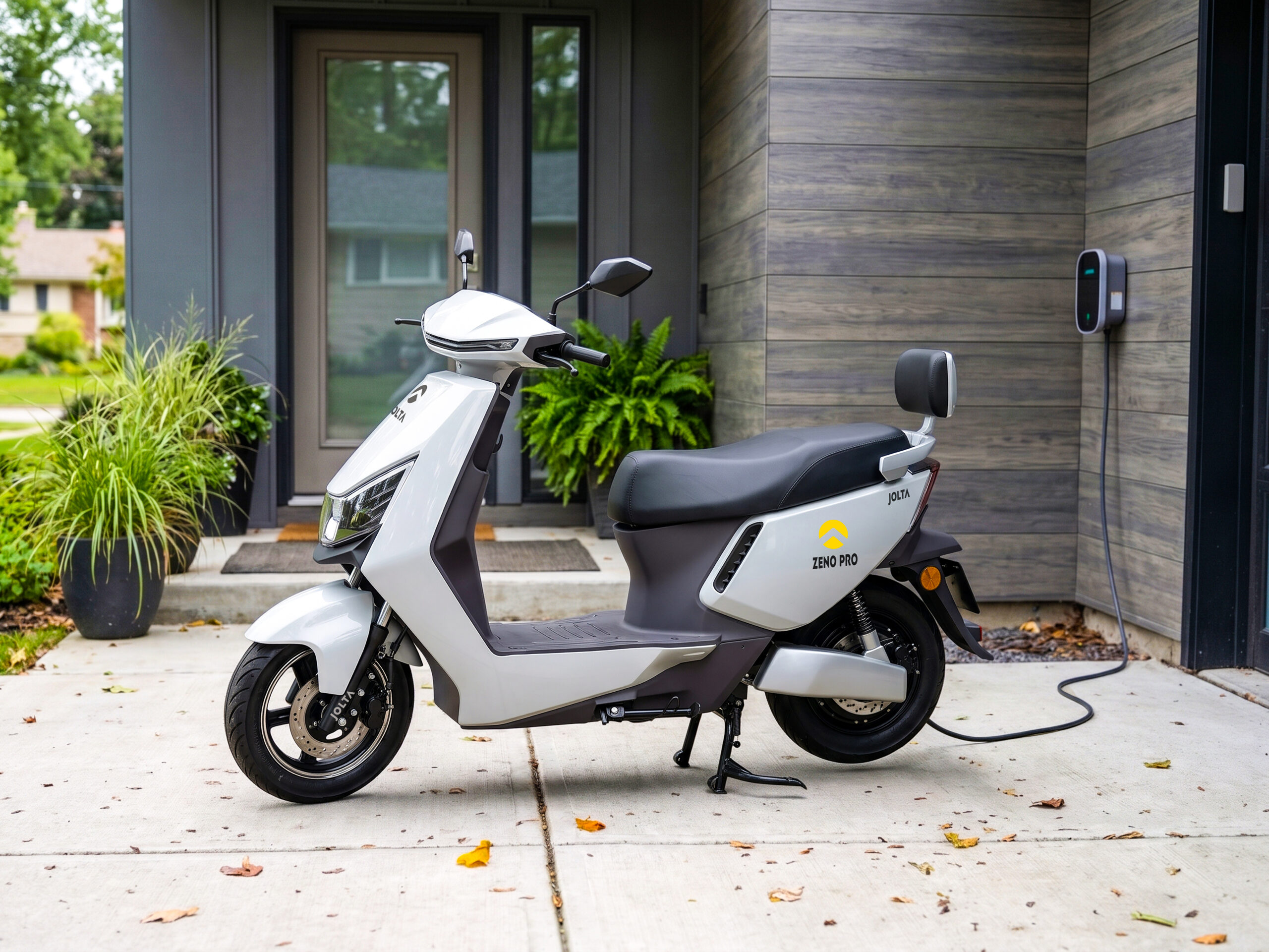 Jolta Zeno Pro electric scooty in white on a brick street, under a sweeping striped arch