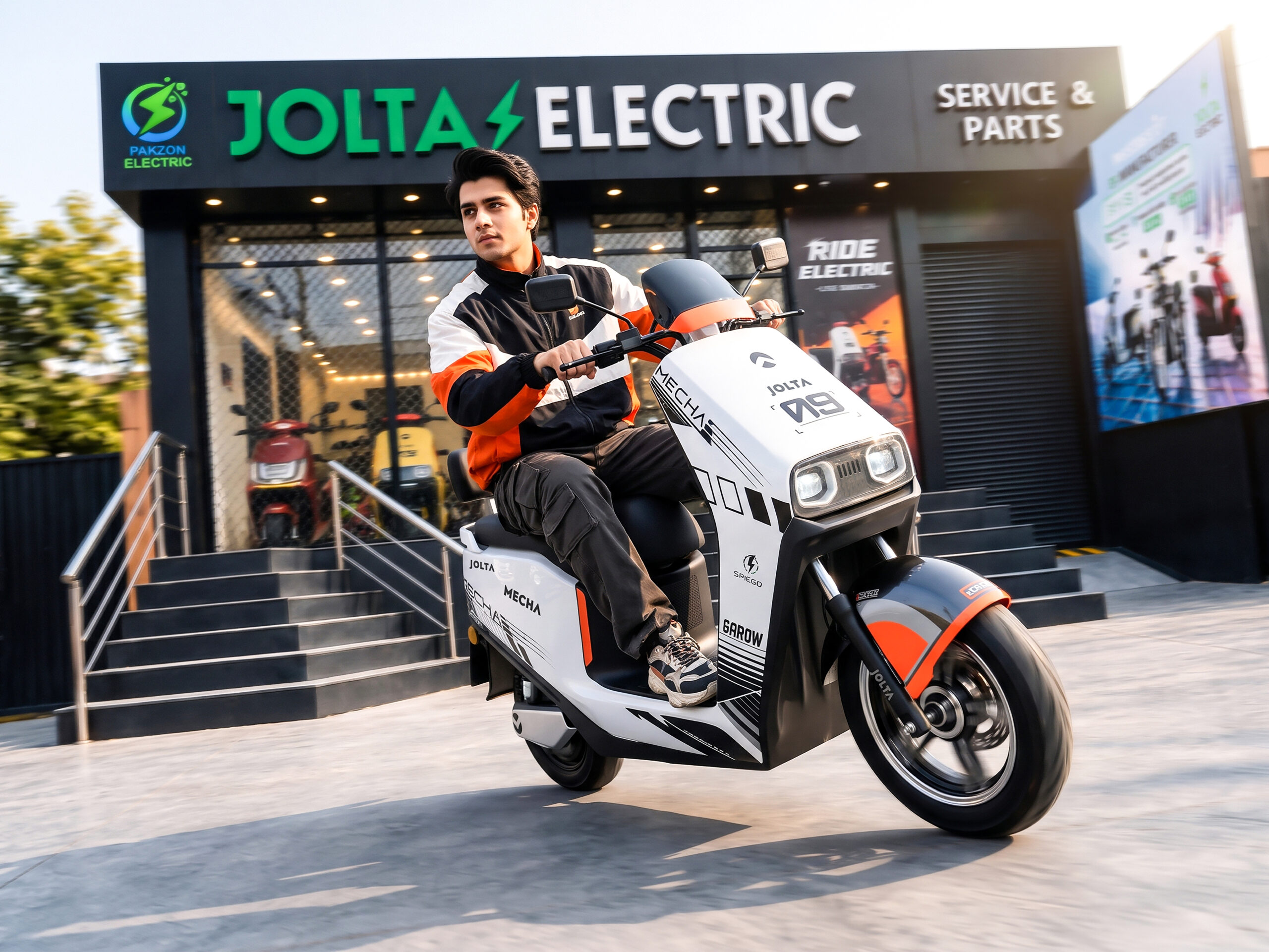 Rider on a Jolta Mecha electric scooty outside a Jolta Electric showroom